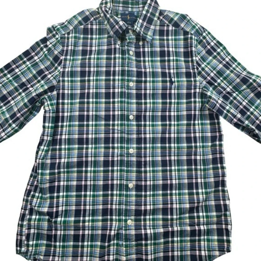 Ralph Lauren Plaid Button Down Shirt‎ Boys L 14-16 Green Blue Long Sleeve Pony